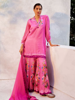 Basil Leaf - Pink Kurta with Palazzo and Dupatta (Set of 3)