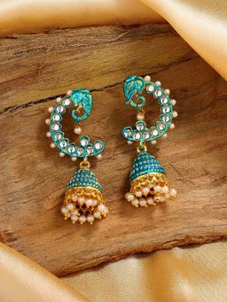 Estele - Gold Tone Traditional Blue Meenakari Kundan Jhumki Earrings for Women