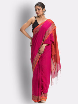 Angoshobha - Dark Pink Handloom Cotton Saree with Unstitched Blouse