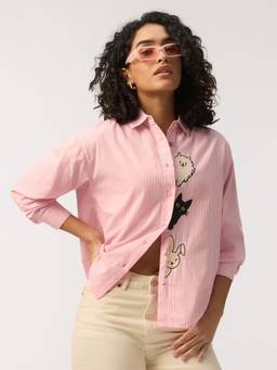 The Souled Store - Women Pink Stripes Peek-A-Boo Oversized Shirt