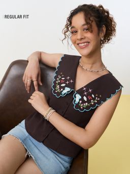 The Souled Store - TSS Originals: Bunny Women Black Embroidered Top