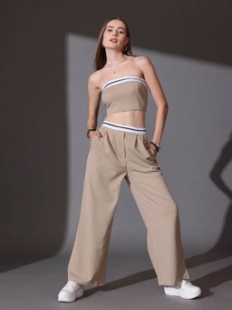 STREET 9 - Beige Polyster Crop Top With Pant