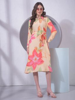 CRIMSOUNE CLUB - Women's Multi-Color Floral Print Midi Dress with Belt