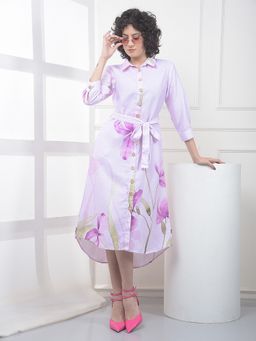 CRIMSOUNE CLUB - Women's Purple Floral Print Midi Shirt-Dress with Belt