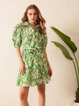 STREET 9 - Green Printed Shirt Dress With Belt