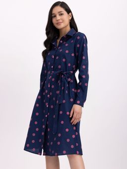 FableStreet - Cotton Polka Shirt Dress - Navy Blue And Pink (Set of 2)