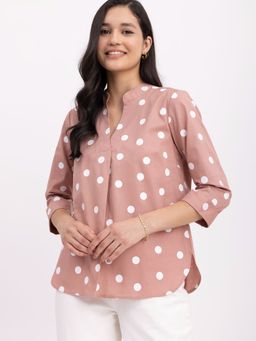 FableStreet - Linen Polka Dot Top - Pink And White