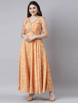 NEERU'S - Orange Flared Casual Printed Fit and Flare Dress