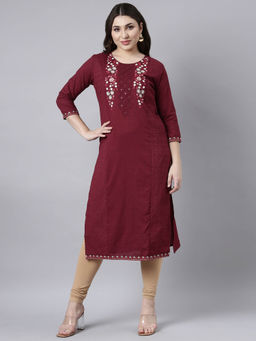NEERU'S - Maroon Regular Straight Embroidered Kurta