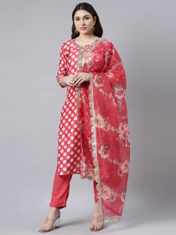 NEERU'S - Red Regular Straight Polka Dot Kurta Trousers with Dupatta (Set of 3)