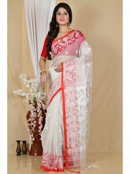 DipDiya - White Cotton Traditional Bengali Muslin Saree with Unstitched Blouse