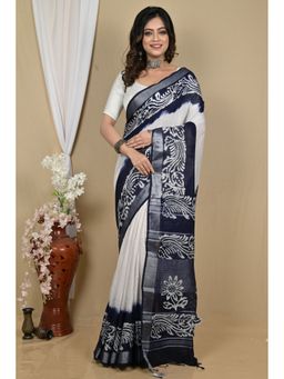 DipDiya - Batikato White Pure Cotton Batik Print Saree with Unstitched Blouse