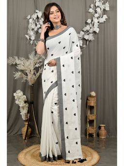 DipDiya - Dhrli White Pure Cotton Embroidery Handloom Saree with Unstitched Blouse