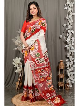 DipDiya - Dinesi White Pure Cotton Batik Print Saree with Unstitched Blouse