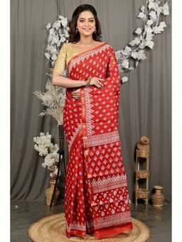DipDiya - Maroon Pure Cotton Traditional Bengali Batik Print Saree without Blouse
