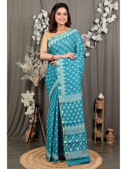 DipDiya - Sky Blue Pure Cotton Traditional Bengali Batik Print Saree without Blouse