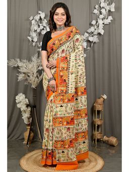 DipDiya - Off White Pure Cotton Traditional Bengali Kalamkari Printed Saree without Blouse