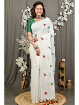 DipDiya - White Blended Cotton Embroidery Handloom Saree with Unstitched Blouse