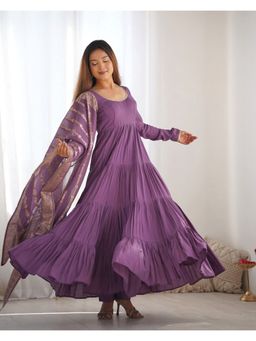 FAST FASHIONS - Mauve Solid Anarkali Kurta with Pant and Dupatta
