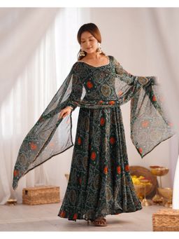 FAST FASHIONS - Green Bandhani Printed Anarkali Kurta with Pant and Dupatta