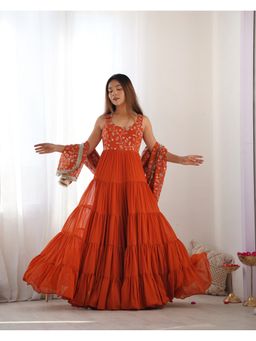 FAST FASHIONS - Rust Embroidered Layered Anarkali Kurta and Pant with Dupatta