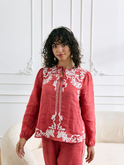 Style Island - Pink Allie Linen Embroidered Top