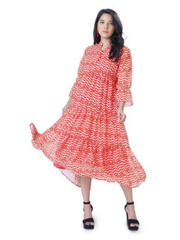 SILSELAH - Red Georgette Fit And Flare Printed Dress
