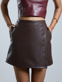MIXT by Nykaa Fashion - Brown Solid Mid Waist Overlap Mini Skorts
