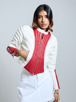 MIXT by Nykaa Fashion - White Red Colorblock Round Neck Crop Leather Biker Jacket