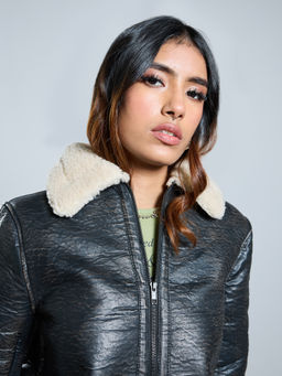 MIXT by Nykaa Fashion - Black Washed Fur Neck Full Sleeves Leather Jacket