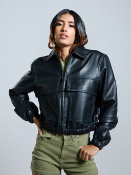 MIXT by Nykaa Fashion - Black Solid Collar Neck Full Sleeves Leather Jacket