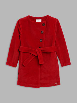 ELLE - Girls Red Solid Awadh Neck Overcoat with Belt (Set of 2)