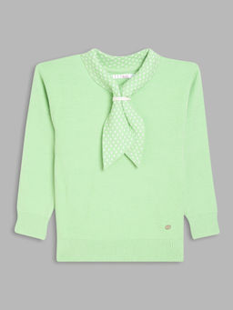 ELLE - Girls Green Solid Tie-Up Neck Full Sleeves Sweater