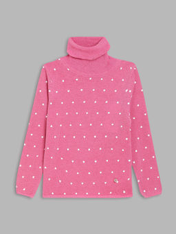 ELLE - Girls Pink Printed Turtle Neck Full Sleeves Sweater