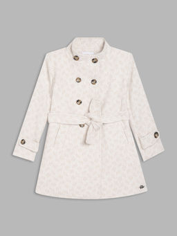 ELLE - Girls Beige Self Design Stand Collar Overcoat with Belt (Set of 2)