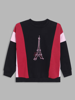 ELLE - Girls Black Color-Block Round Neck Full Sleeves Sweatshirt