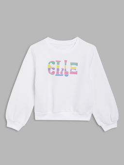 ELLE - Girls White Printed Round Neck Full Sleeves Sweatshirt