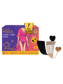 Pinq Polka - Premium Reusable Fashion Seamless C-String Panty, Nude Lace & Black Spandex-L (Pack of 2)