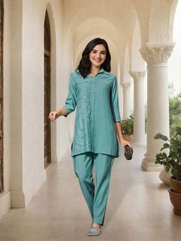 ISHIN - Women Turquoise Roman Silk Co-Ord (Set of 2)