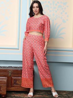 ISHIN - Pink Printed Three Quarter Sleeve Crop Top & Pant Co-Ord (Set of 2)