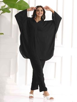 ISHIN - Black Kaftan Tunic with Pant Co-Ord (Set of 2)