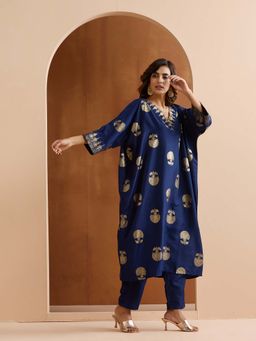 ISHIN - Women Navy Blue Polyester Chinon Kaftan Kurta with Pant (Set of 2)