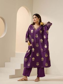 ISHIN - Women Purple Polyester Chinon Kaftan Kurta with Pant (Set of 2)