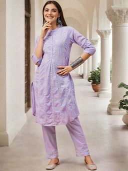 ISHIN - Women Lavender Cotton Kurta with Pant (Set of 2)