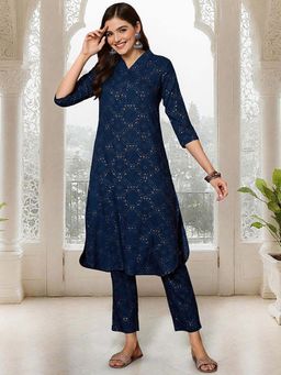 ISHIN - Women Navy Blue Rayon Kurta with Pant (Set of 2)
