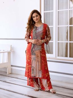 ISHIN - Women Multi Color Tissue Shimmer Kurta with Palazzo (Set of 2)