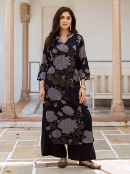 ISHIN - Women Navy Blue German Rayon Kurta with Palazzo (Set of 2)