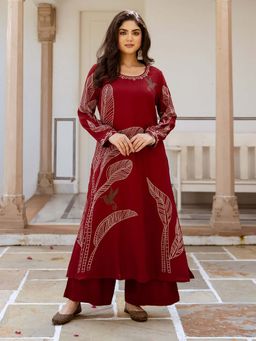 ISHIN - Women Red Rayon Kurta with Palazzo (Set of 2)