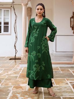 ISHIN - Women Green German Rayon Kurta with Palazzo (Set of 2)