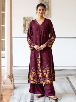 ISHIN - Women Wine German Rayon Kurta with Palazzo (Set of 2)